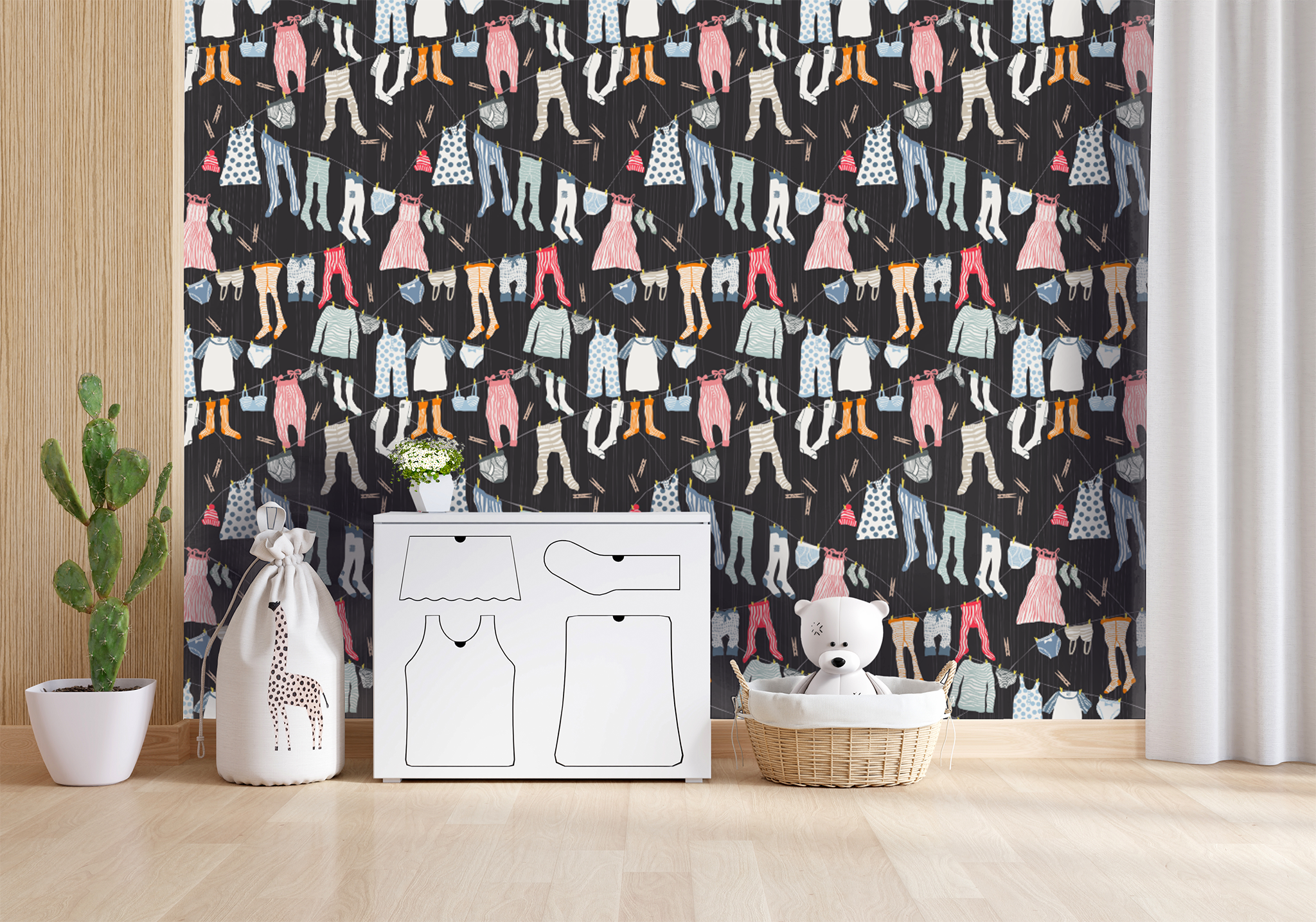 Children's room with patterned wallpaper, plants, and furniture.